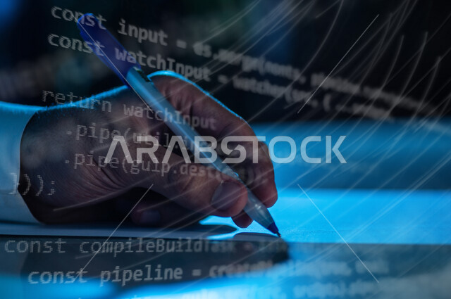 رجل عربي خليجي سعودي يشتخدم الورقة والقلم، العمل في وظيفة مطور ويب، التطوير البرمجي، بناء المواقع والتطبيقات الالكترونية، اكواد وخوارزميات، تقنيات وحاسوب، حماية المعلومات، أعمال ومهن احترافيه