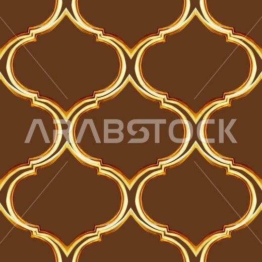 Watercolor seamless pattern with Moroccan arabian mosaic illustration isolated on white background. Muslim golden hand drawn frame for holiday Ramadan