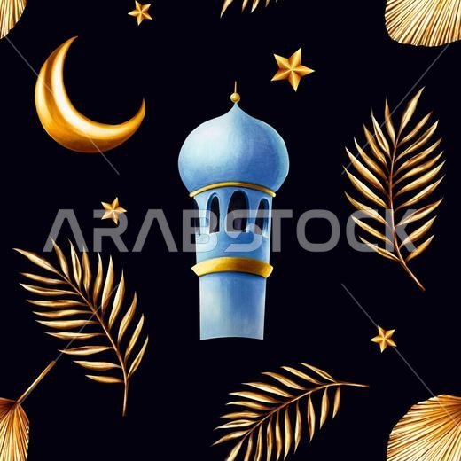 نمط مائي متكرر بسلاسة مع عشب البامباس الذهبي، وأغصان نخيل التمر، ومئذنة، وهلال، ورسم توضيحي لنجمة معزولة على خلفية نباتية.
