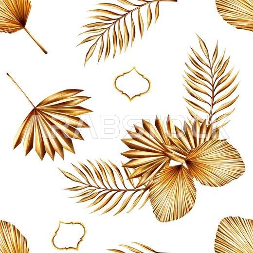 Watercolor seamless pattern with golden pampas grass, date palm branches and Moroccan arabian mosaic illustrations isolated on background. Botanical a