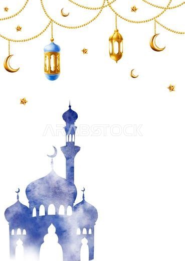 Watercolor Islamic arabian postcard, frame with silhouette of mosque and minaret, golden crescent moon, stars on a gold chains, lanterns illustration