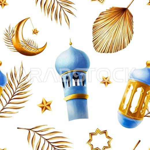 نمط مائي متكرر بدون فواصل، يضم هلالاً ذهبياً إسلامياً عربياً، ونجوماً على سلاسل ذهبية، وأغصان نخيل، ومآذن وفوانيس.