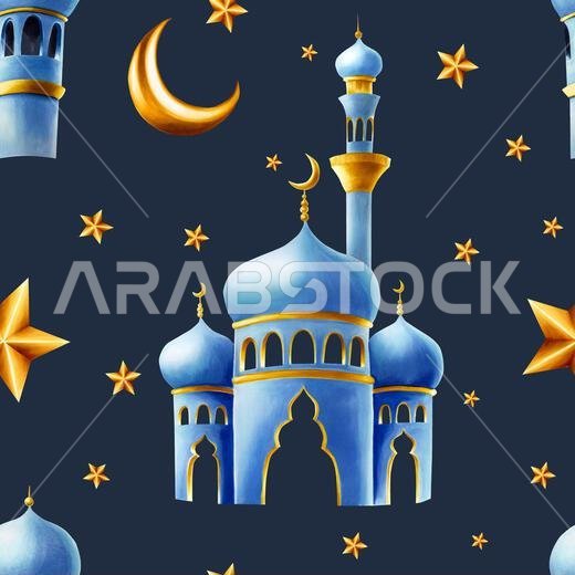 Watercolor seamless pattern with Islamic arabian mosque and minaret, golden crescent moon, stars illustration isolated on background. Muslim hand draw