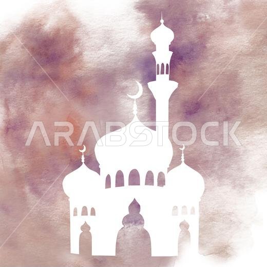 رسم توضيحي أبيض اللون لمسجد إسلامي ومئذنة مع هلال، معزول على خلفية ألوان مائية. رسم يدوي إسلامي لعيد رمضان.