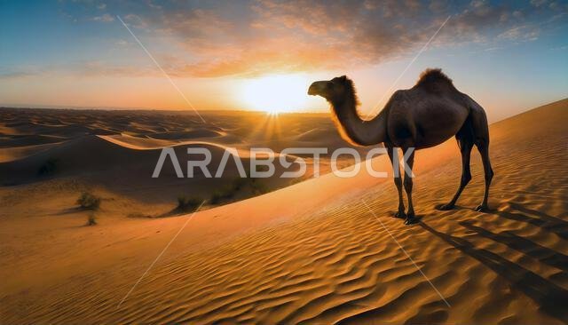 جمل وحيد يقف تحت غروب الشمس في صحراء الدمام، المملكة العربية السعودية.