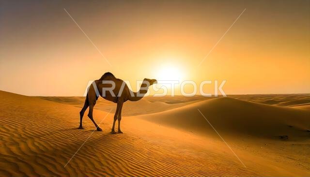 جمل وحيد يقف تحت غروب الشمس في صحراء الدمام، المملكة العربية السعودية.