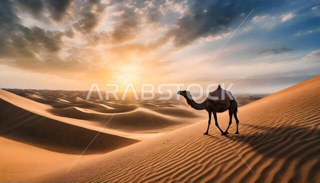 جمل وحيد يقف تحت غروب الشمس في صحراء الدمام، المملكة العربية السعودية.