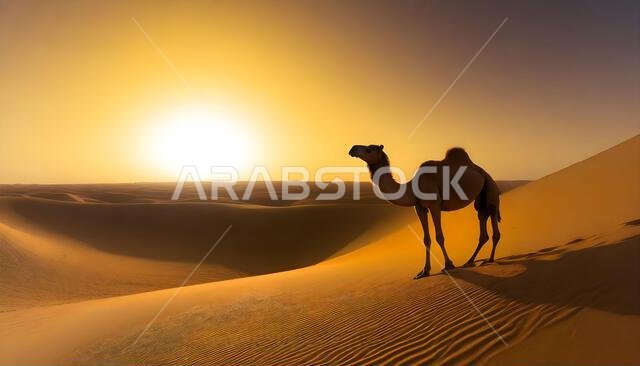 جمل وحيد يقف تحت غروب الشمس في صحراء الدمام، المملكة العربية السعودية.