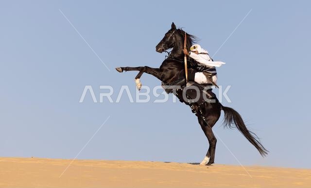 رجل سعودي يطلق سهماً على حصان أسود يقف على رجليه الخلفيتين