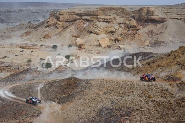Buraydah, Saudi Arabia. 07th Jan, 2021. #307 Przygonski Jakub (pol), Gottschalk Timo (deu), Toyota, Overdrive Toyota, Auto, #300 Sainz Carlos (esp), Cruz Lucas (esp), Mini, X-Raid Mini JCW Team, Auto, action during the 5th stage of the Dakar 2021 between Riyadh and Al Qaisumah, in Saudi Arabia on January 7, 2021 - Photo Eric Vargiolu/DPPI/LM Credit: Gruppo Editoriale LiveMedia/Alamy Live News