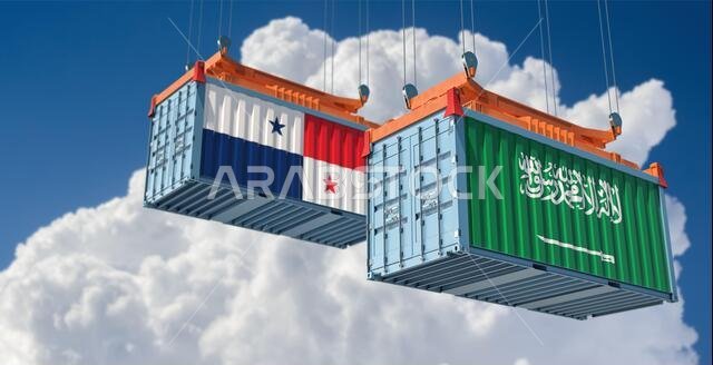 حاويات شحن تحمل أعلام المملكة العربية السعودية وبنما. تصميم ثلاثي الأبعاد