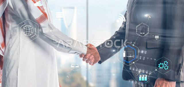 رجلا أعمال يتصافحان لإتمام صفقة ربحية, اتفاقية عمل , مشروع وخطة عمل جديده, شركاء عمل, تقدم ونجاح, شركة سعودية بكفاءة عالية , رسومات بتقنية الهولوجرام .