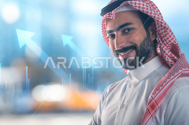 رجل عربي سعودي خليجي يرتدي الزي السعودي، النظر الى المستقبل, خلفية رسوم بيانية إحصائية للبورصة المالية بتقنية الهولوجرام ثلاثية الأبعاد، تطوير الشركات والمشاريع الاقتصادية، التجاره الإلكترونيه، متابعة الأسهم، الإستثمار المالي, رؤيه مستقبليه , رؤية 2030
