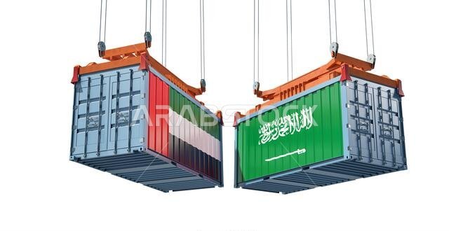 حاويات شحن تحمل أعلام المملكة العربية السعودية والإمارات العربية المتحدة. تصميم ثلاثي الأبعاد