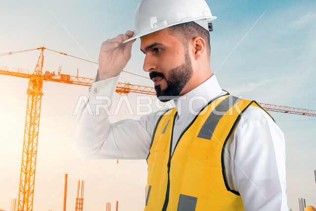 A Saudi Arabian Gulf architect wearing a work hat and protective suit, holding a safety helmet in his hand, following up on the project and checking work, supervising and controlling engineering projects, architecture, construction projects background.