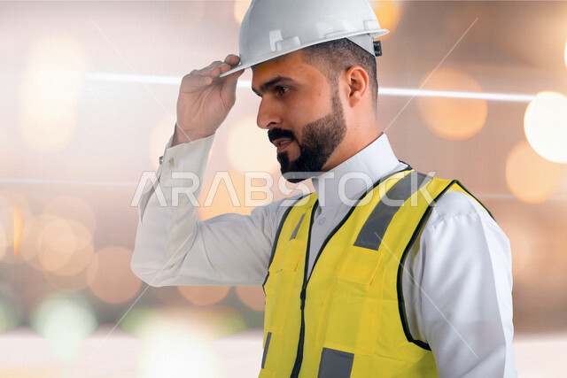 مهندس معماري عربي خليجي سعودي يرتدي قبعة وسترة الوقاية الخاصة بالعمل , يمسك بيده خوذة الأمان , متابعة المشروع وتدقيق العمل ، الاشراف والرقابة على المشاريع الهندسية ، الهندسة المعمارية ، خلفية المشاريع الإنشائية .