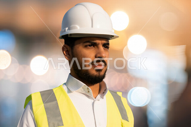 مهندس معماري عربي خليجي سعودي يرتدي قبعة وسترة الوقاية الخاصة بالعمل ، متابعة المشروع وتدقيق العمل ، الاشراف والرقابة على المشاريع الهندسية ، الهندسة المعمارية ، خلفية المشاريع الإنشائية .