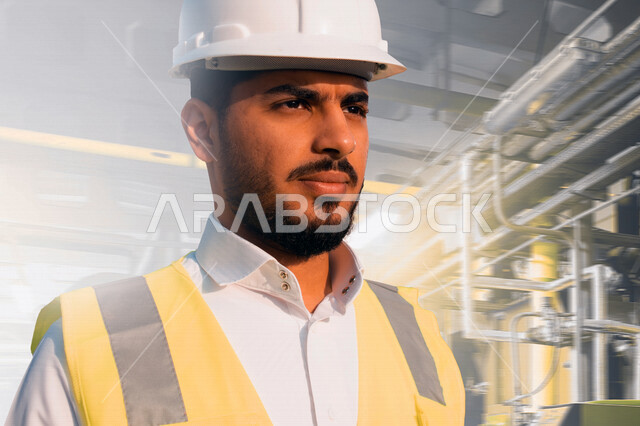 مهندس معماري عربي خليجي سعودي يرتدي قبعة وسترة الوقاية الخاصة بالعمل ، متابعة المشروع وتدقيق العمل ، الاشراف والرقابة على المشاريع الهندسية ، الهندسة المعمارية ، خلفية المشاريع الإنشائية .
