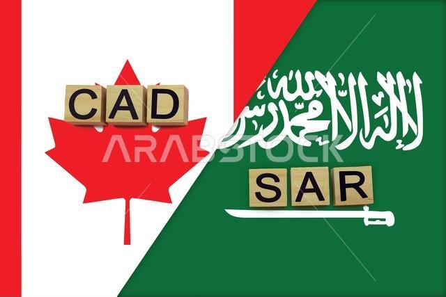 Canada and Saudi Arabia currencies codes on national flags background. International money transfer concept