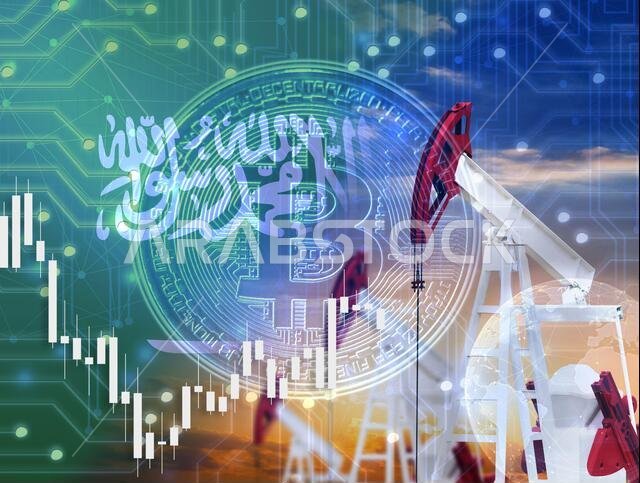 صورة ثلاثية الأبعاد لعملة البيتكوين الرقمية ورسم بياني على خلفية علم المملكة العربية السعودية