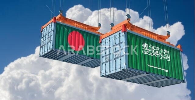 Freight containers with Saudi Arabia and Bangladesh flag. 3D Rendering