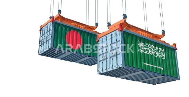 Freight containers with Saudi Arabia and Bangladesh flag. 3D Rendering