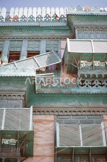 Houses in Jeddah. Detail of windows and balconies.