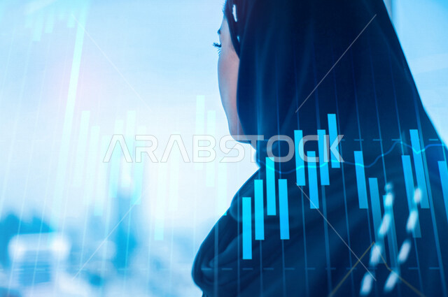 A picture from the back of a Saudi Arabian Gulf woman, chart of economic growth, trading in the stock market, monitoring the economy and financial information, financial investment, charts of the stock market and the stock market with 3D hologram technolo