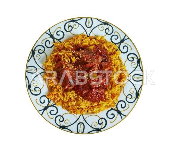 Machboos laham - national dish of Kuwait, machboos laham combines basmati rice and meat with a mixture of fried onions, raisins