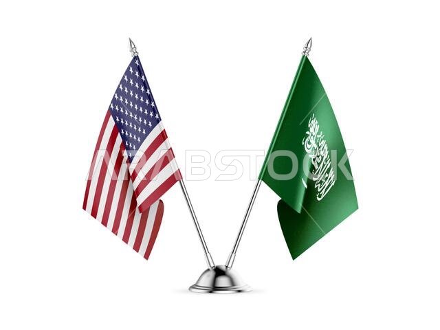 Desk flags, United States  America  and Saudi Arabia, isolated on white background. 3d image