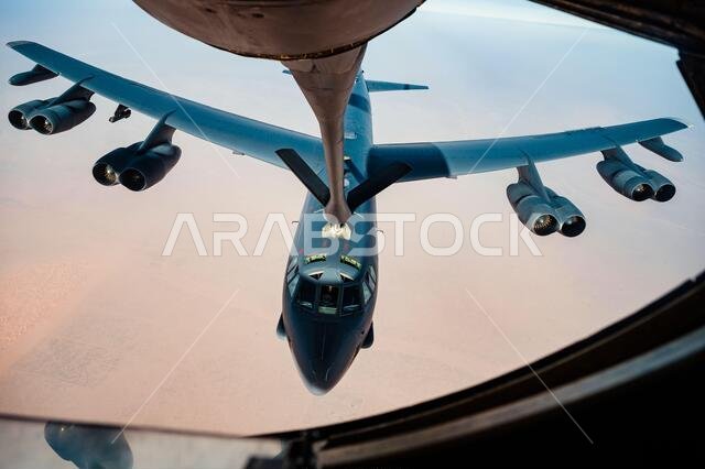 Persian Gulf, Saudi Arabia. 27th Jan, 2021. A U.S. Air Force B-52 Stratofortress strategic bomber from the 2nd Bomb Wing prepares to refuel from a KC-135 Stratotanker during a short-duration deployment to the middle east January 27, 202 over the Persian Gulf. Credit: Planetpix/Alamy Live News