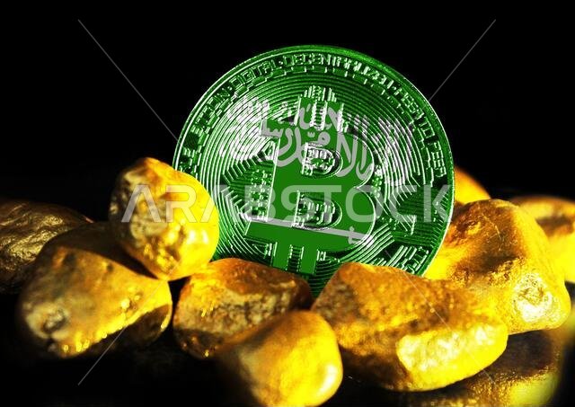 Bitcoin is marked with the flag of Saudi Arabia, against the background of gold ore