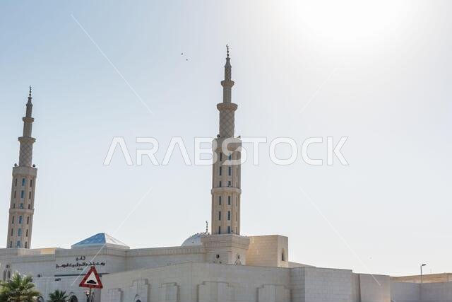 مسجد صغير عادي به نخلة في منتزه كورنيش الدمام الساحلي، المملكة العربية السعودية