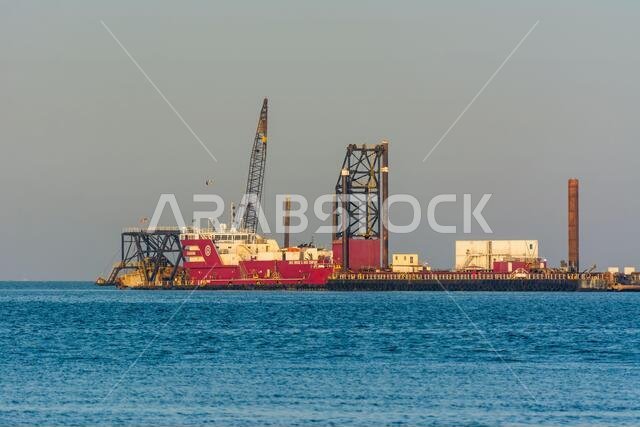 Offshore petroleum platform operated by American company at the sea of Dammam, Saudi Arabia