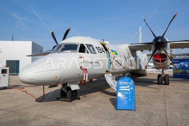 Antonov An-132D military transport aircraft. An improved version of the An-32 developed jointly by Saudi Arabia and Ukraine. PARIS, FRANCE - JUN 23, 2