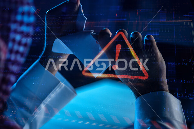 رجل عربي خليجي سعودي يقوم بتمزيق أوراق بيده، مركز البيانات السريه, معلومات سريه, أيقونة التحذير الهولوجراميه ثلاثية الابعاد, التعرض للإختراق والهجمات الالكترونية، اختراق النظام والبيانات، الجرائم الاكترونية، خلفية هولوجراميه للغة البرمجة