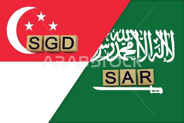رموز عملات سنغافورة والمملكة العربية السعودية على خلفية أعلام الدولتين. مفهوم التحويلات المالية الدولية