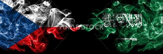 Czech Republic, Czech vs Saudi Arabia, Arabian smoky mystic flags placed side by side. Thick colored silky abstract smoke flags.