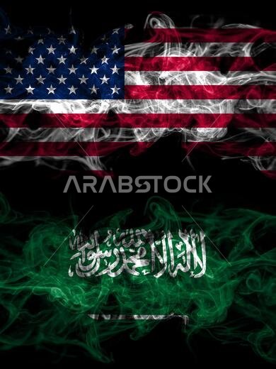 الولايات المتحدة الأمريكية، أمريكا، الولايات المتحدة، الولايات المتحدة الأمريكية، أمريكا ضد السعودية، أعلام عربية ضبابية غامضة موضوعة جنبًا إلى جنب. دخان كثيف ملون حريري مجرد