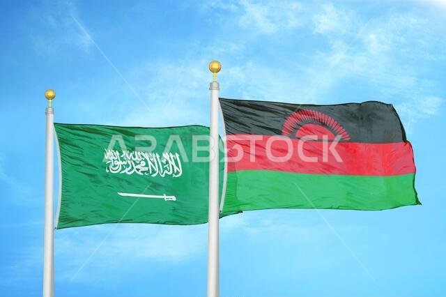 Saudi Arabia and Malawi two flags on flagpoles and blue cloudy sky