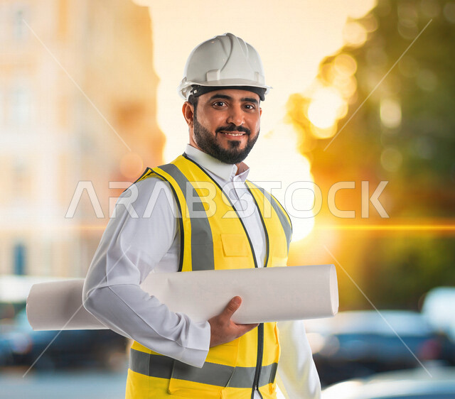 مهندس معماري عربي خليجي سعودي يرتدي قبعة وسترة الوقاية الخاصة بالعمل ، يحمل بيده مخطط البناء ، متابعة المشروع وتدقيق العمل ، الاشراف والرقابة على المشاريع الهندسية ، الهندسة المعمارية ، خلفية المشاريع الإنشائية .