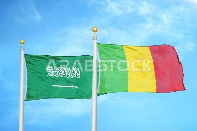 Saudi Arabia and Mali two flags on flagpoles and blue cloudy sky