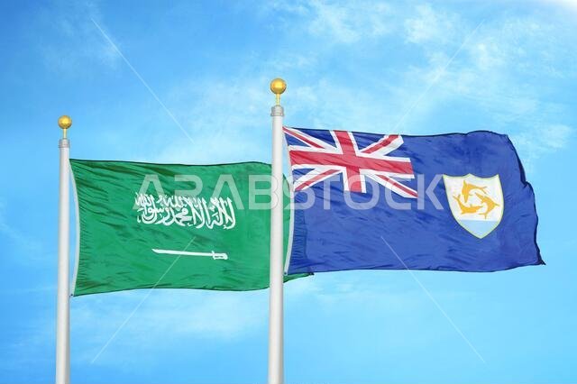 Saudi Arabia and Anguilla two flags on flagpoles and blue cloudy sky
