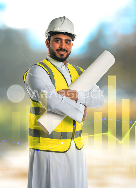 مهندس معماري عربي خليجي سعودي يرتدي قبعة وسترة الوقاية الخاصة بالعمل ، يحمل بيده مخطط البناء ، متابعة المشروع وتدقيق العمل ، الاشراف والرقابة على المشاريع الهندسية ، الهندسة المعمارية ، خلفية رسوم بيانية بتقنية الهولوجرام .