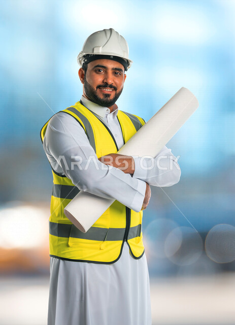 مهندس معماري عربي خليجي سعودي يرتدي قبعة وسترة الوقاية الخاصة بالعمل ، يحمل بيده مخطط البناء ، متابعة المشروع وتدقيق العمل ، الاشراف والرقابة على المشاريع الهندسية ، الهندسة المعمارية ، خلفية المشاريع الإنشائية .