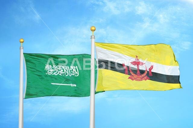 المملكة العربية السعودية وبروناي، علمان على سارية علم وسماء زرقاء ملبدة بالغيوم