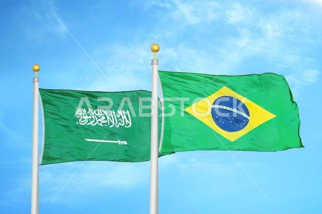 Saudi Arabia and Brazil two flags on flagpoles and blue cloudy sky