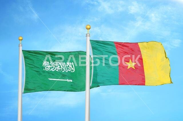 المملكة العربية السعودية والكاميرون، علمان على ساريتين وسماء زرقاء ملبدة بالغيوم