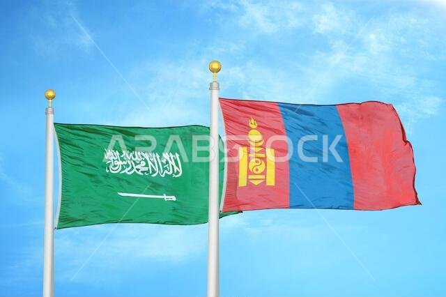 Saudi Arabia and Mongolia two flags on flagpoles and blue cloudy sky