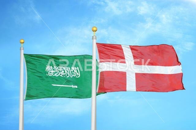Saudi Arabia and Denmark two flags on flagpoles and blue cloudy sky